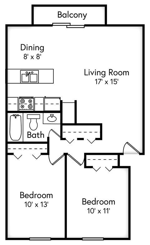 Floor plan for 2 beds, 1 bath, 858 sqft